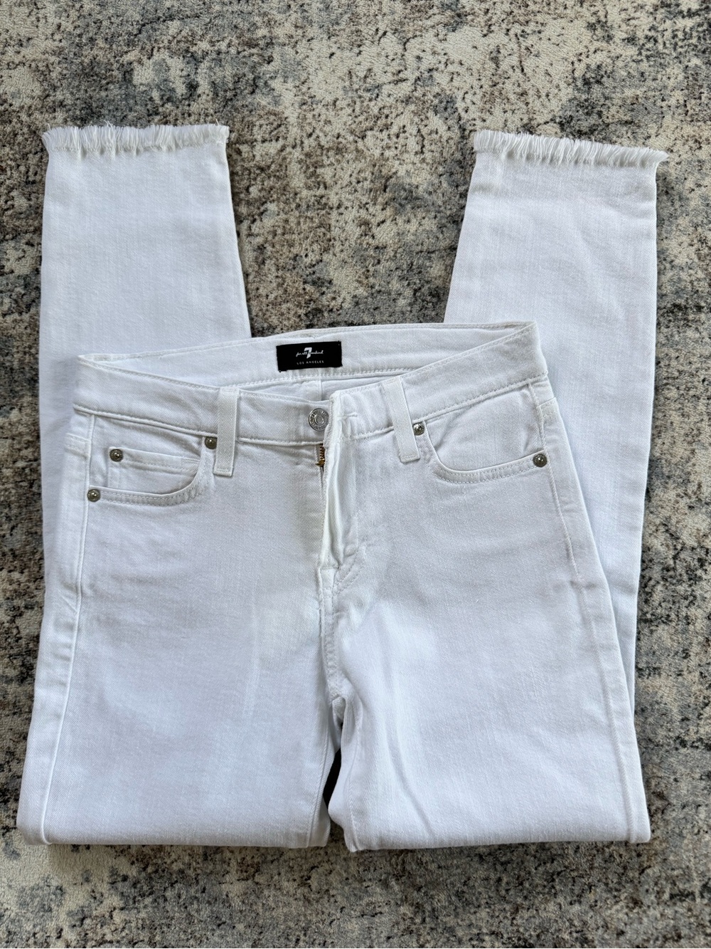 7 For All Mankind Roxanne Ankle White Skinny Jeans with Frayed Hem